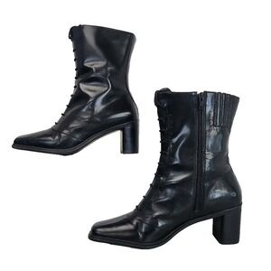 Danelle Black Leather Side Zip Square Toe Block Heel Boots Women's Size 8